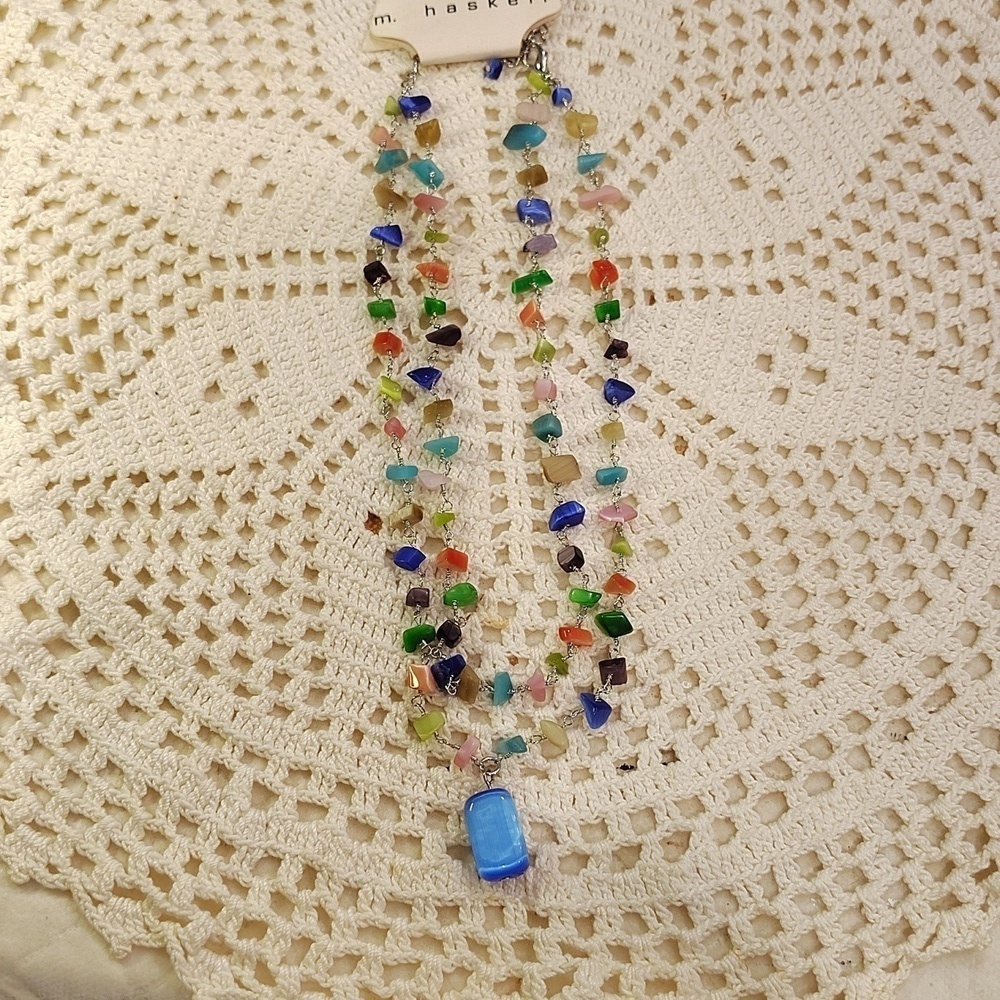M. Haskell Multi Color Stone Double Strand Necklace Large Blue Stone NWT 8.5"